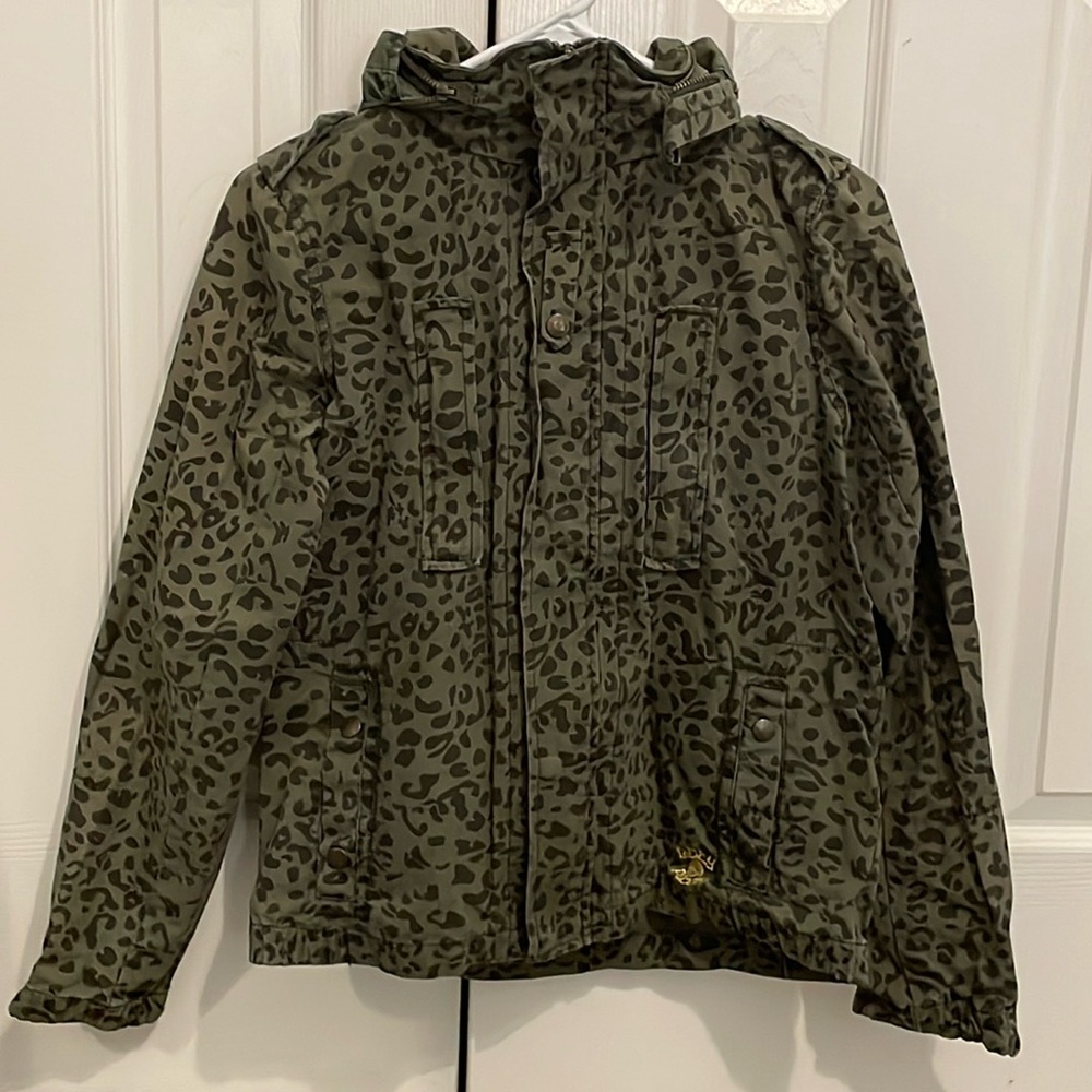 Green cheetah print Obey jacket with hood.
